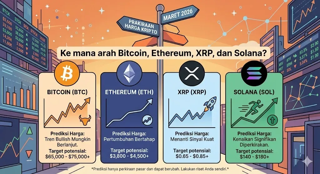 Proyeksi Pasar Maret: Peta Jalan Harga Bitcoin, Ethereum, XRP, dan Solana di Tengah Volatilitas Kuartal I