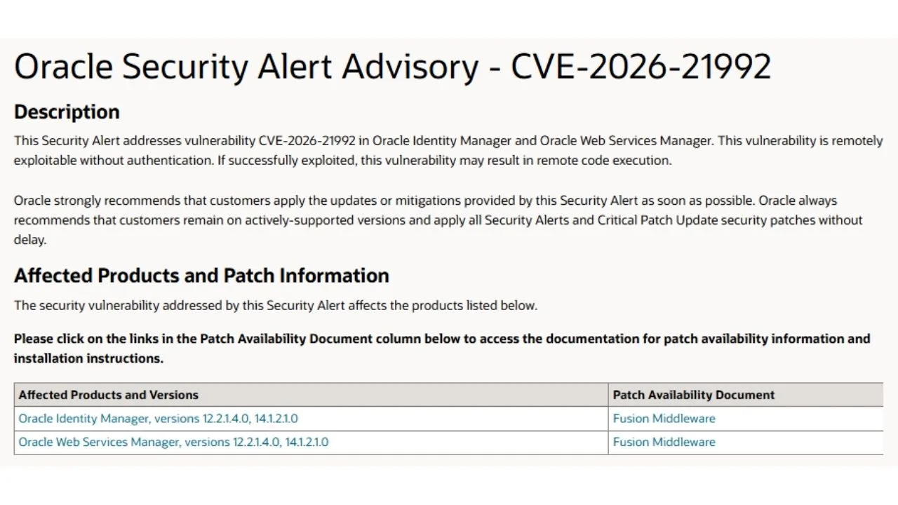 Waspada Serangan: Oracle Rilis Patch Darurat Tutup Celah RCE Kritis (CVE-2026-21992) di Identity Manager